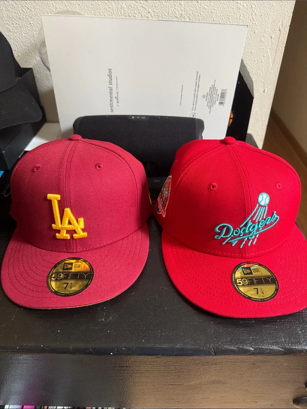 New Era Dodgers 59FIFTY Maroon & Red Fitted Caps with Yellow LA and Teal Script